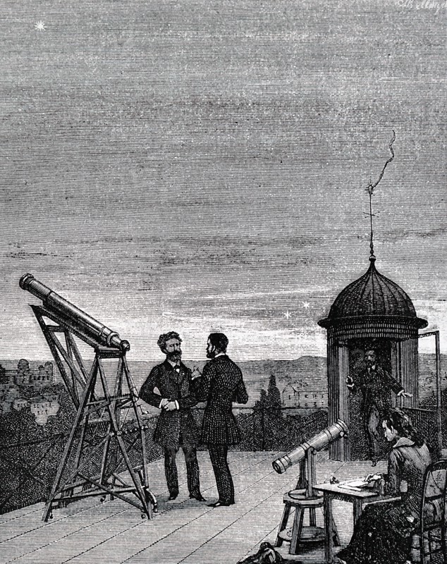 An astronomer and his female assistant observing Mercury, Venus and Jupiter from a roof top observatory in Paris