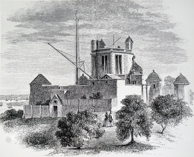 The exterior of the Royal Observatory, Greenwich, an observatory situated on a hill in Greenwich Park, overlooking the River Thames