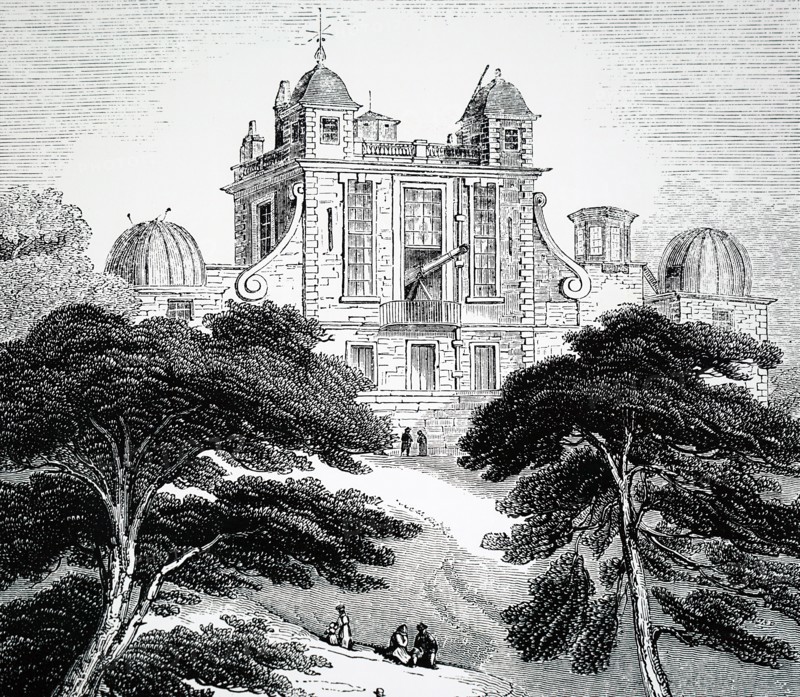 The exterior of the Royal Observatory, Greenwich, an observatory situated on a hill in Greenwich Park, overlooking the River Thames