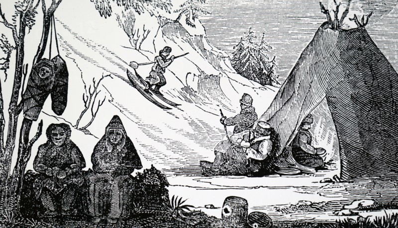 A Lapland encampment with a man approaching in on skis