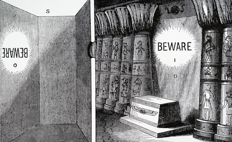 The explanation by Caspar Schott of how he thought the Egyptian priest used the principle of the camera obscura to display miraculous messages
