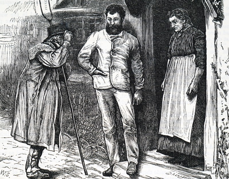 A farm labourer carrying a pitchfork whilst speaking to some of the townsfolk