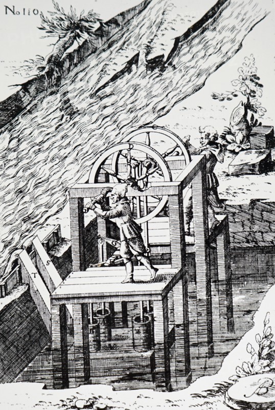 The use of hand powered pumps being used to raise water into a river