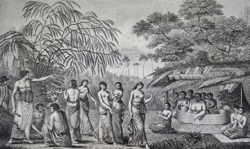 Native Tongan women dancing before Queen Tine