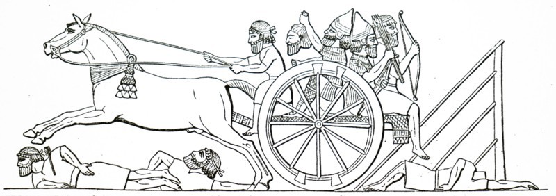 Assyrian warriors in a cart captured from the enemy