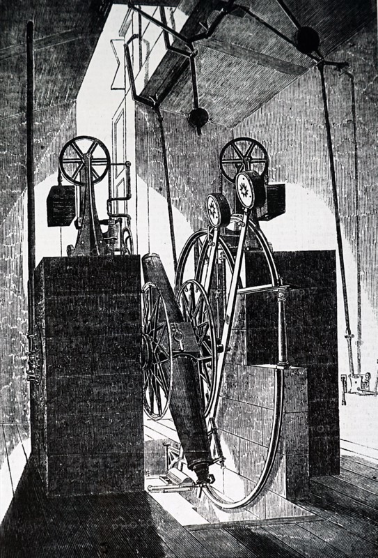 A transit instrument, used for finding celestial bodies crossing the meridian, within an observatory