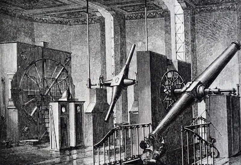 A meridian circle, used to determine altitude of celestial bodies, and a transit instrument, used for finding the celestial bodies crossing the meridian