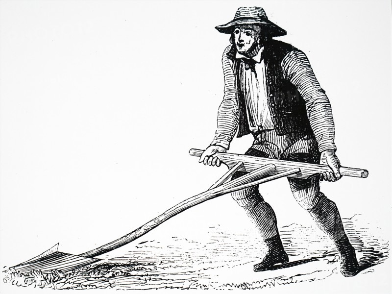 A farmer using a mollebart, or a levelling spade