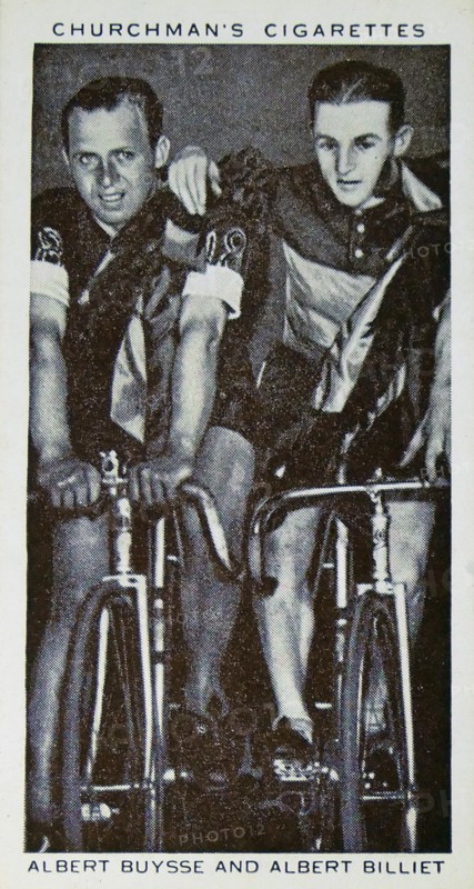 Churchman Kings of Speed Series cigarette card depicting Albert Buysse and Albert Billiet, Belgian cyclists who won the 1938 cycle race at Wembley, London