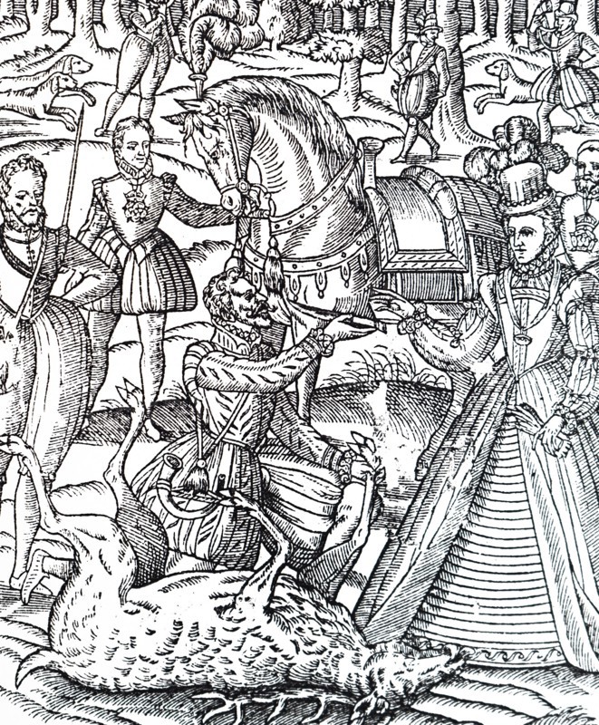 Queen Elizabeth I on the hunting field to perform the ceremony of assaying the stag and is handed the knife by the huntsman