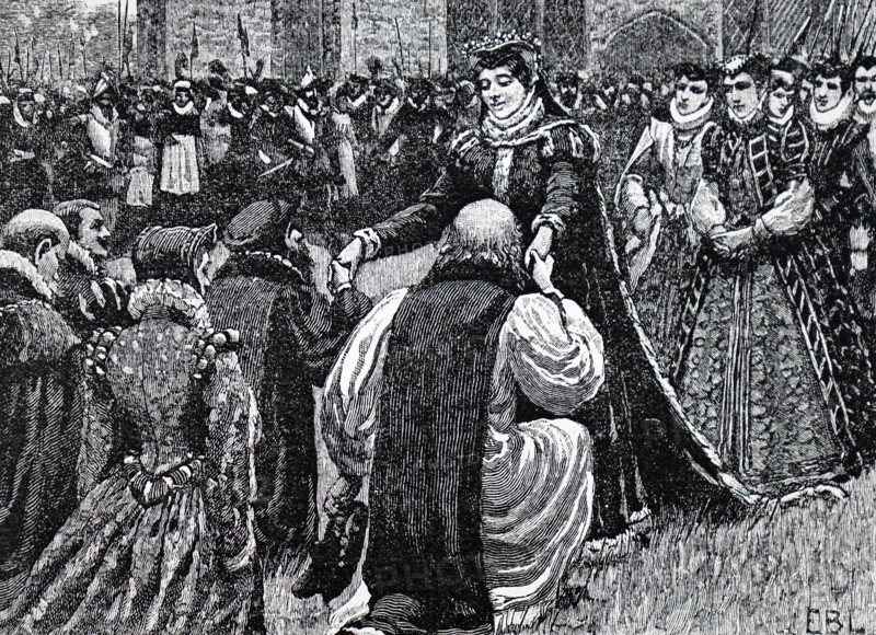 Engraving depicting Mary, Queen of Scots being greeted by state prisoners in the Tower of London