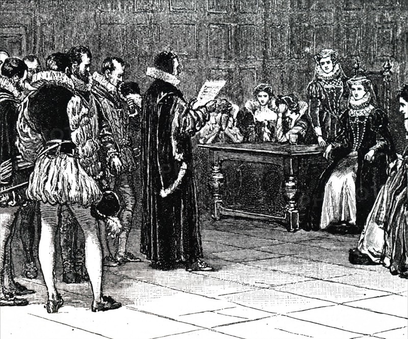 Engraving depicting Mary, Queen of Scots receiving her sentence