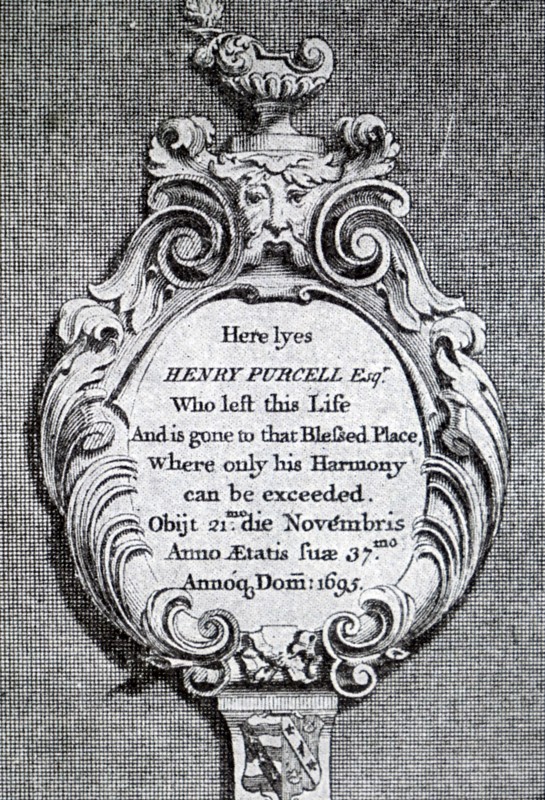 Engraving depicting the gravestone of Henry Purcell