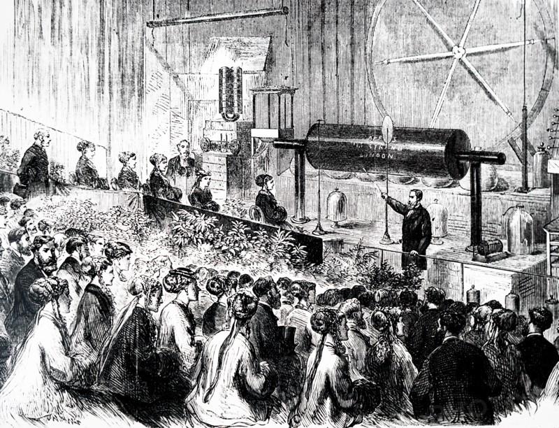 John Henry Pepper demonstrating the giant induction coil at the Polytechnic Institute, London, before Princesses Louise and Beatrice
