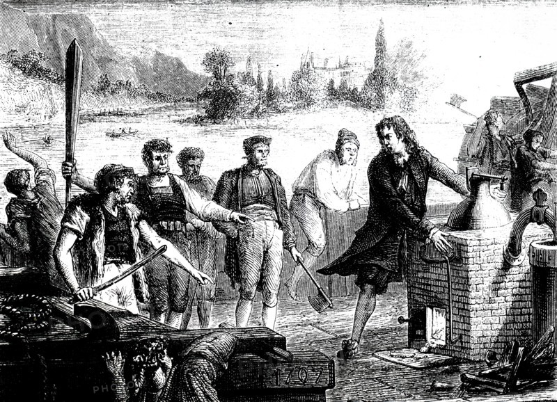 Boatmen of the Weser destroying Denis Papin's steam engine