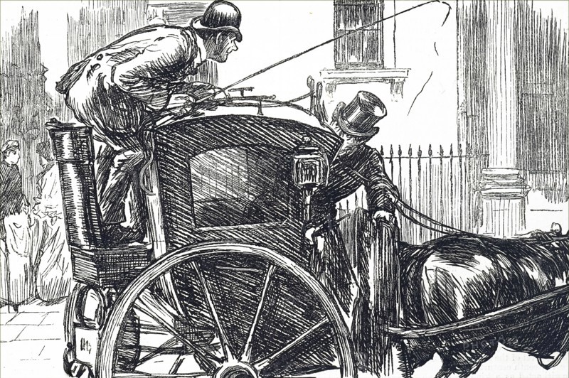 An early Hackney Carriage, showing the driver's position behind and overlooking the passenger seat