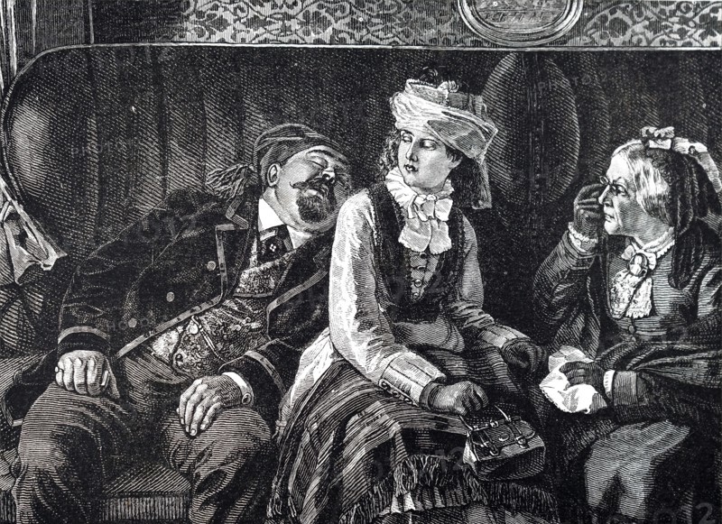 A man falling asleep on another passenger in a first-class carriage