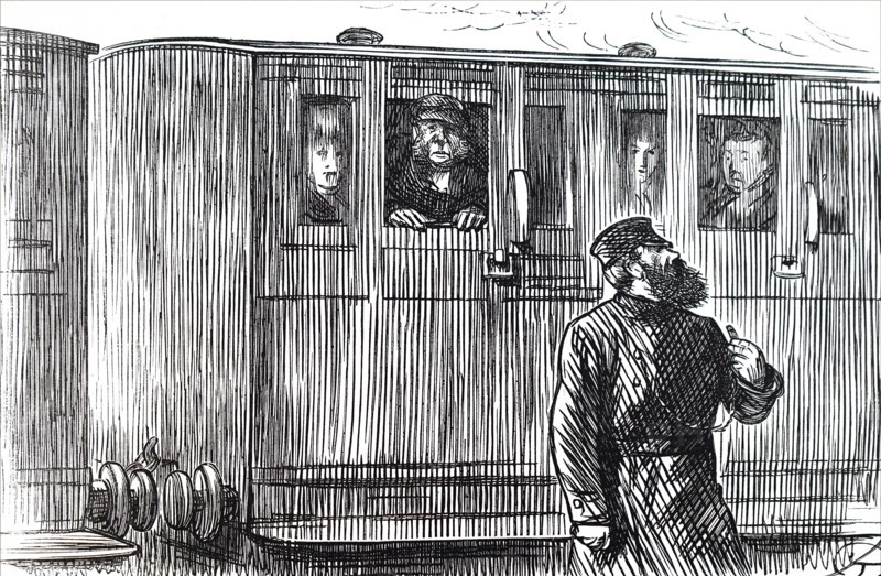 A train guard blowing a whistle to indicate that the train is about to leave