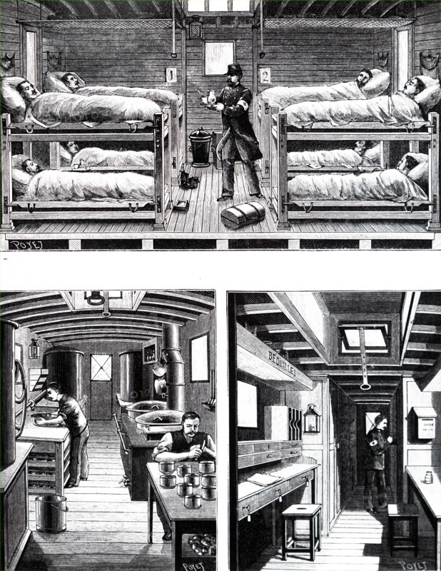 The interior of a French military hospital train