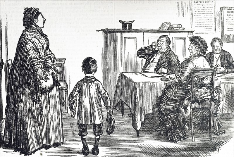 A mother being called before the school-board to explain her child's absence from school