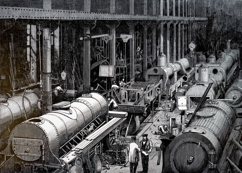 The manufacture floor of the Robert Stephenson and Company, a locomotive manufacturing company founded in1823