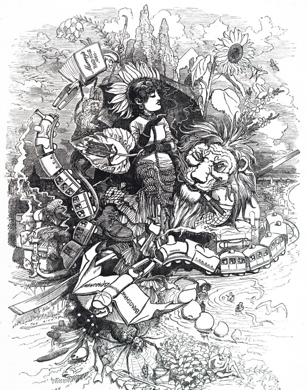 Illustration commenting on the progression of the British Railway during the 19th century