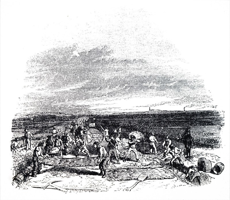 Navvies working on the Liverpool-Manchester Railway across Chat Moss Bog