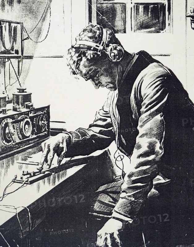 A wireless telegraph operator on a ship