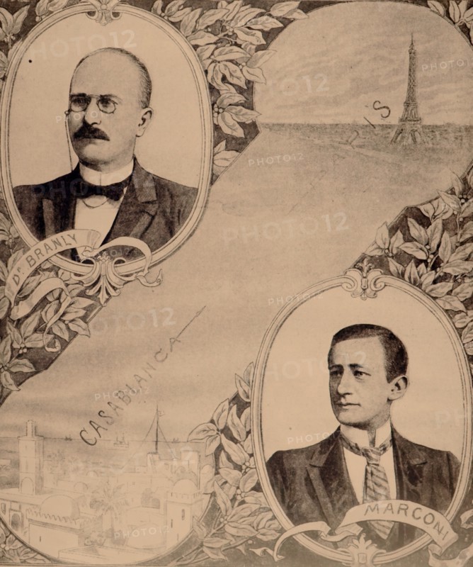 Illustration celebrating the opening of the wireless telegraph between Paris and Casablanca, showing the men whose work made it possible: Édouard Branly and Guglielmo Marconi