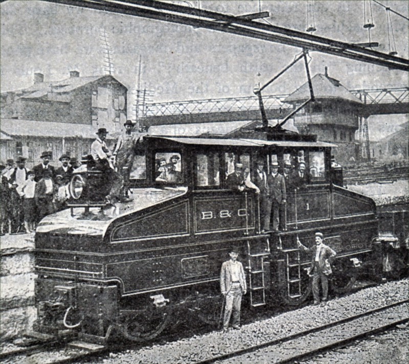 Photograph taken of an early electric locomotive on the Baltimore and Ohio Railroad