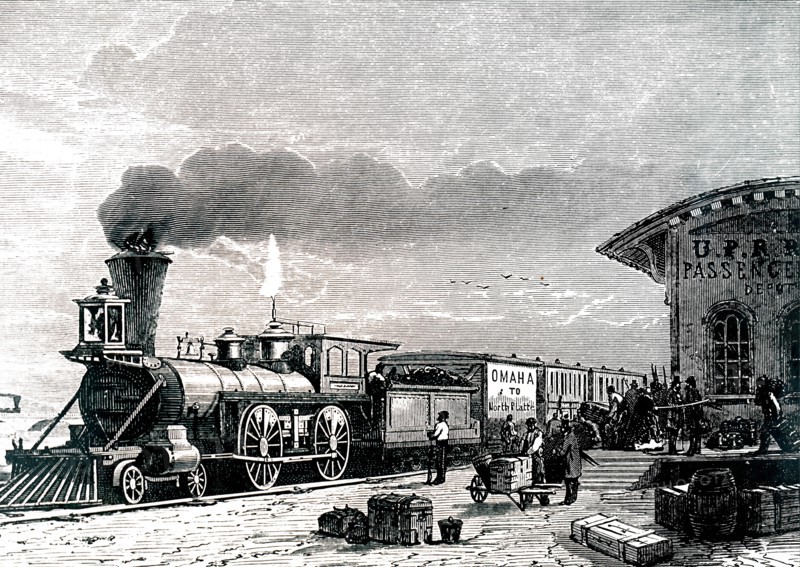 A train arriving at Omaha Station on the Pacific Railroad