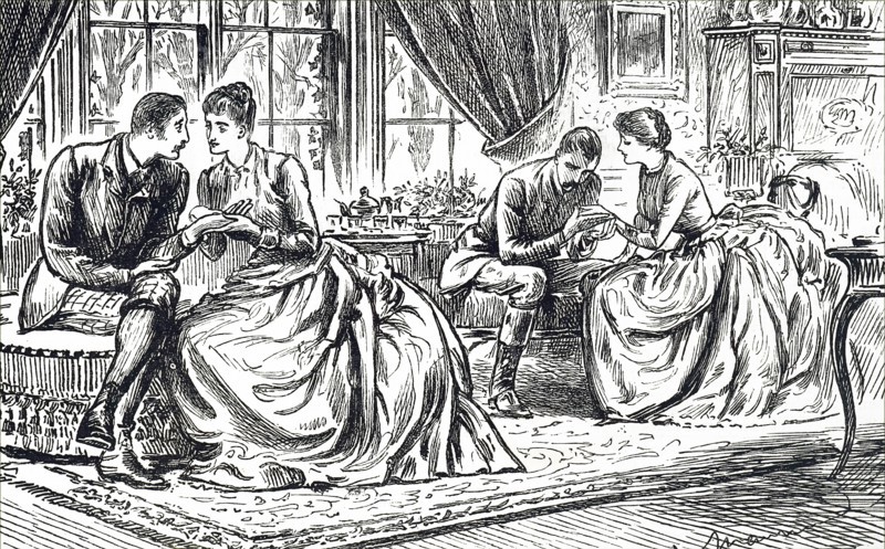 Two young couples practising palmistry used as cover for an afternoon of flirtation