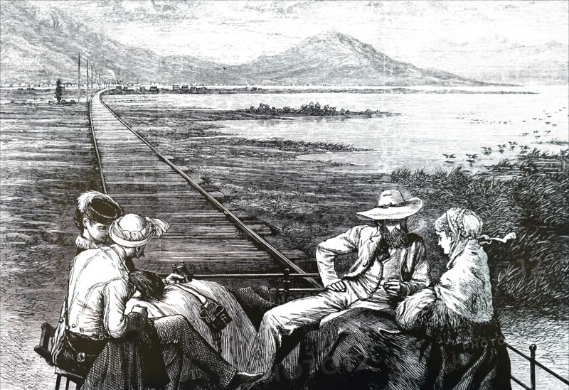 An observation car of a Pacific Railroad train, approaching Great Salt Lake