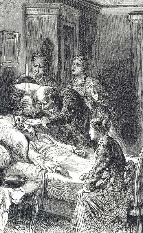 A country doctor, being watched by anxious family members, tending to a boy with concussion
