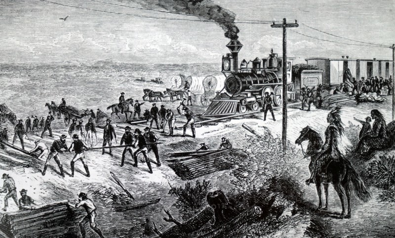 The laying of track on the Pacific Railroad