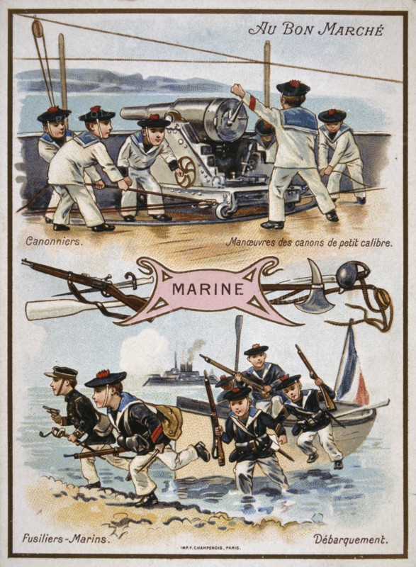 chromolithograph card showing French boy sailors and marines