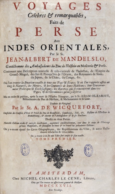 Title page of 'voyages made to Persia and India' 1727, by Johan Albrecht de Mandelslo
