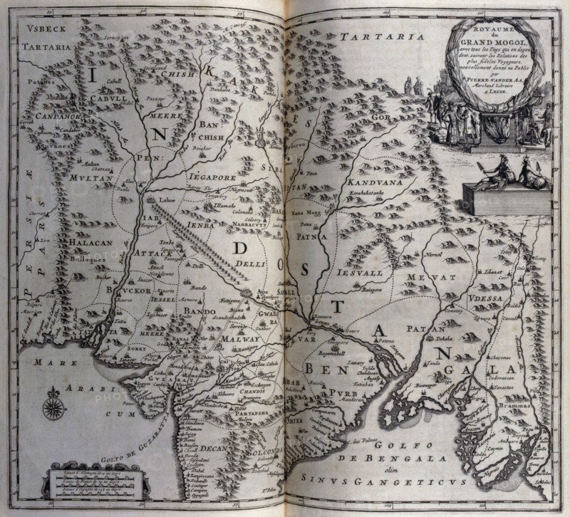 Map of Mughal empire in India circa 1680, 17th century