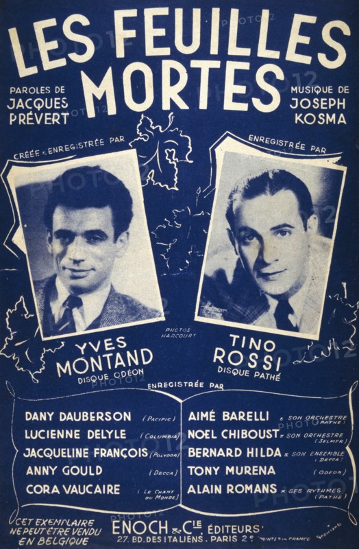 Les Feuilles mortes' French song by Jacques Prévert and Joseph Kosma, songbook featuring Tino Rossi and Yves Montand 1951