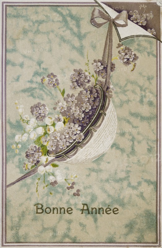 French Happy New Year, postcard depicting flowers