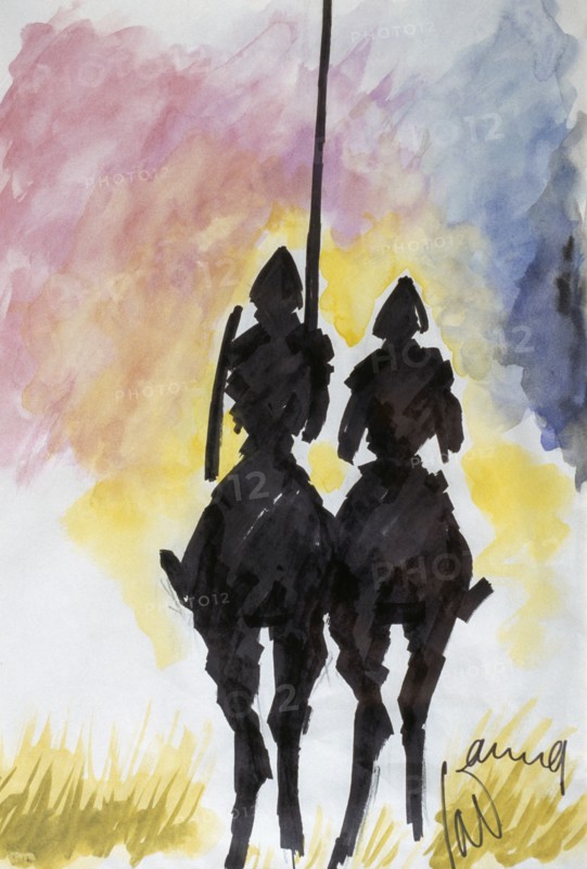 Don Quichotte and Sancho Panza, watercolour, by François Cavanna