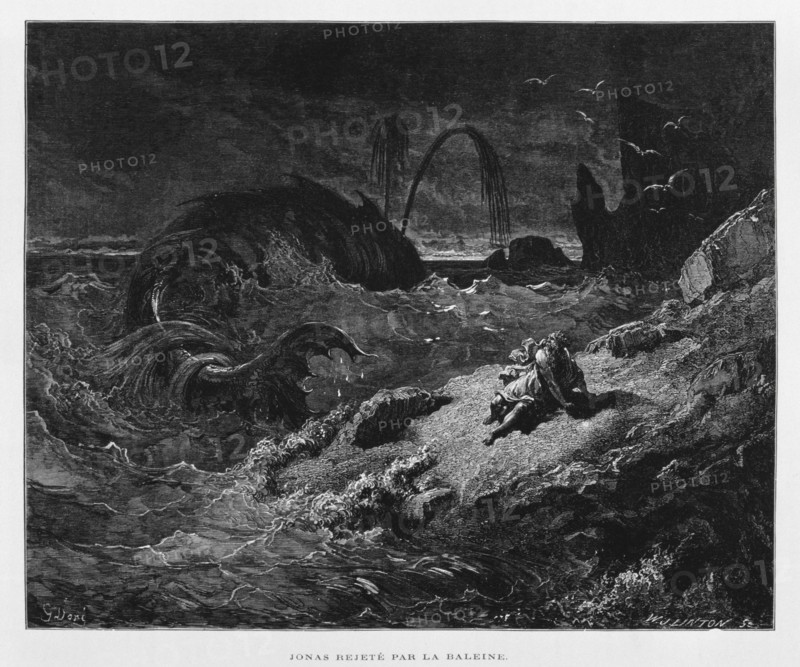 Jonah ejected onto dry land by the whale, Illustration from the Dore Bible 1866
