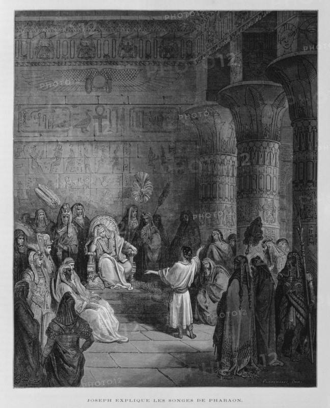 Joseph interprets the dreams of the Pharaoh of Egypt, Illustration from the Dore Bible 1866