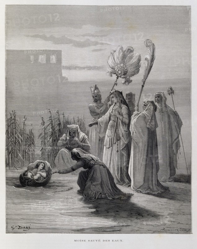 Moses rescued by the daughter of the Pharaoh of Egypt, Illustration from the Dore Bible 1866