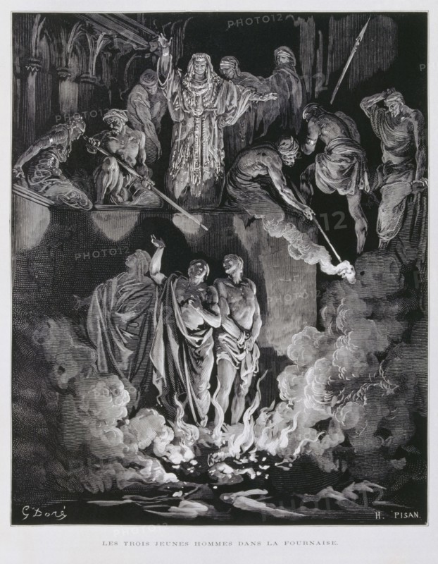 Shadrach, Meshach, and Abednego in the Fiery Furnace, Illustration from the Dore Bible 1866