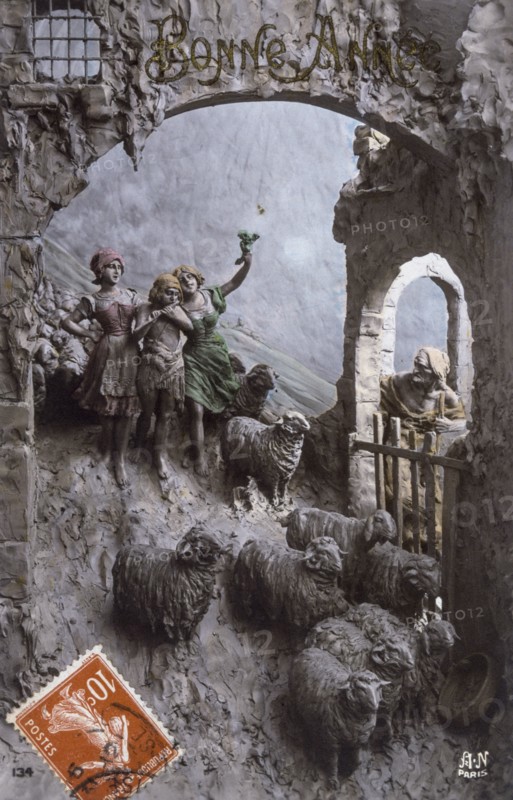 French postcard dated circa 1900, showing a relief scene of shepherds tending a flock