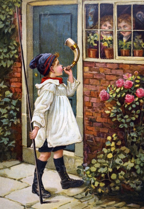 Painting depicting a young boy blowing a horn outside of his home, as he young siblings watch from the window