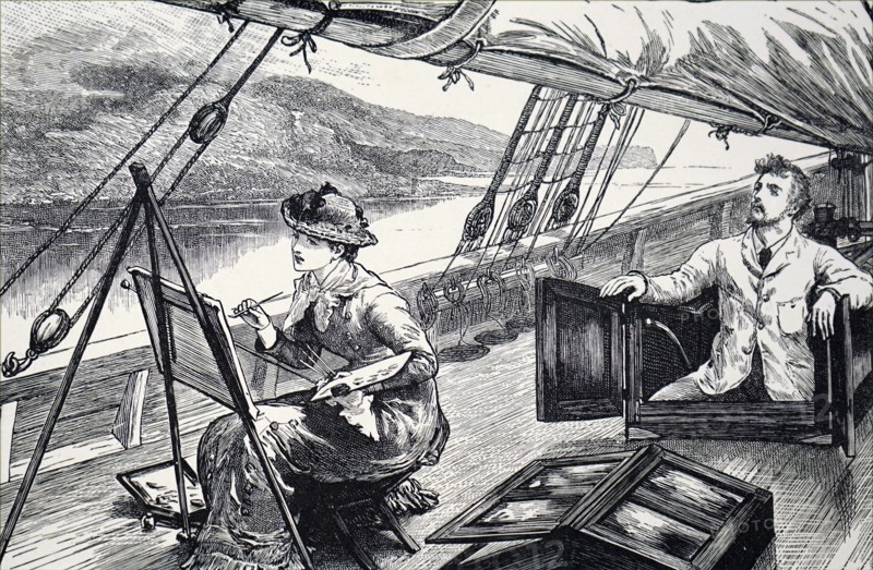A young woman painting on the deck of a boat as it sails down a river