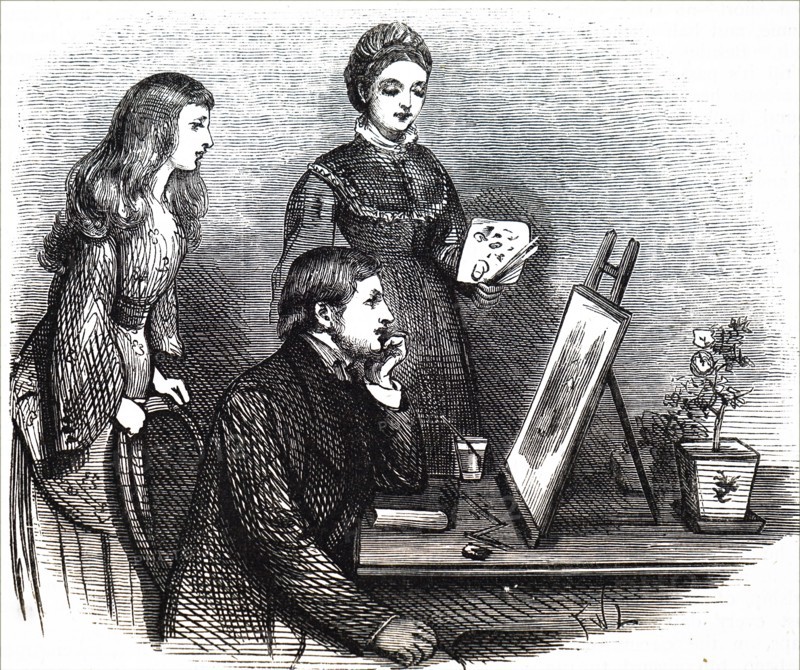 A young woman presenting her work to her family