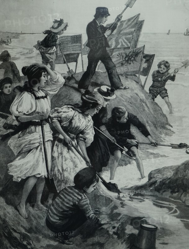 Painting depicting children building sandcastles on the beach